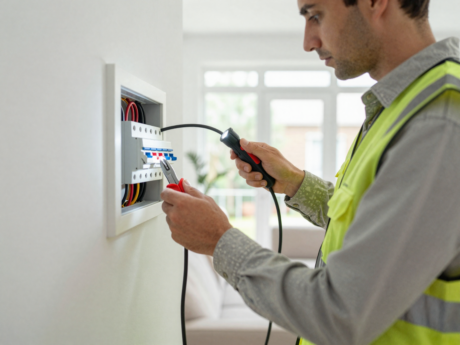 Electrician inspecting circuit breaker panel during electrical installation