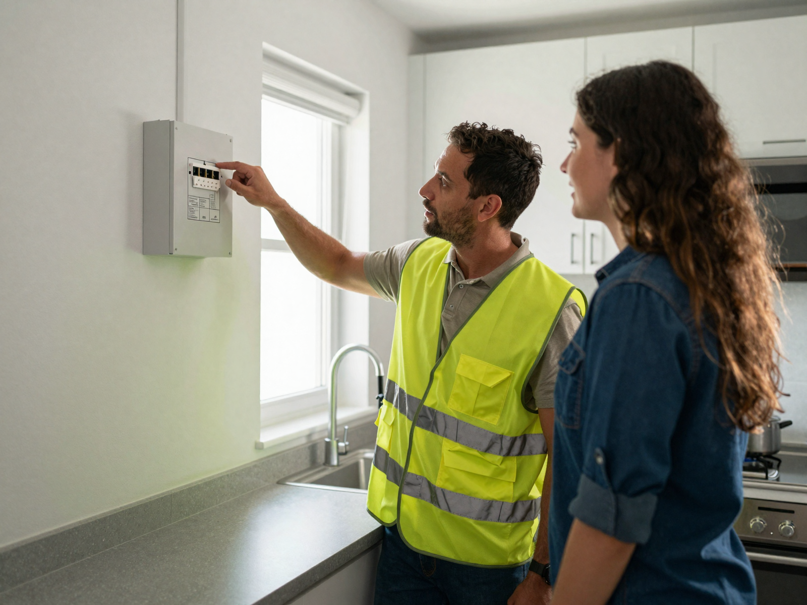 Electrician consulting with homeowner about electrical panel installation in kitchen