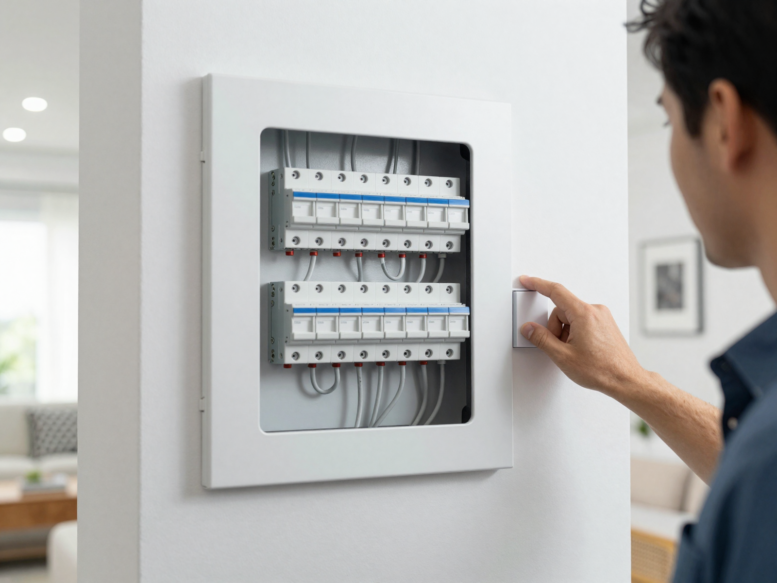 Professional electrical installation with modern circuit breaker panel and LED lighting